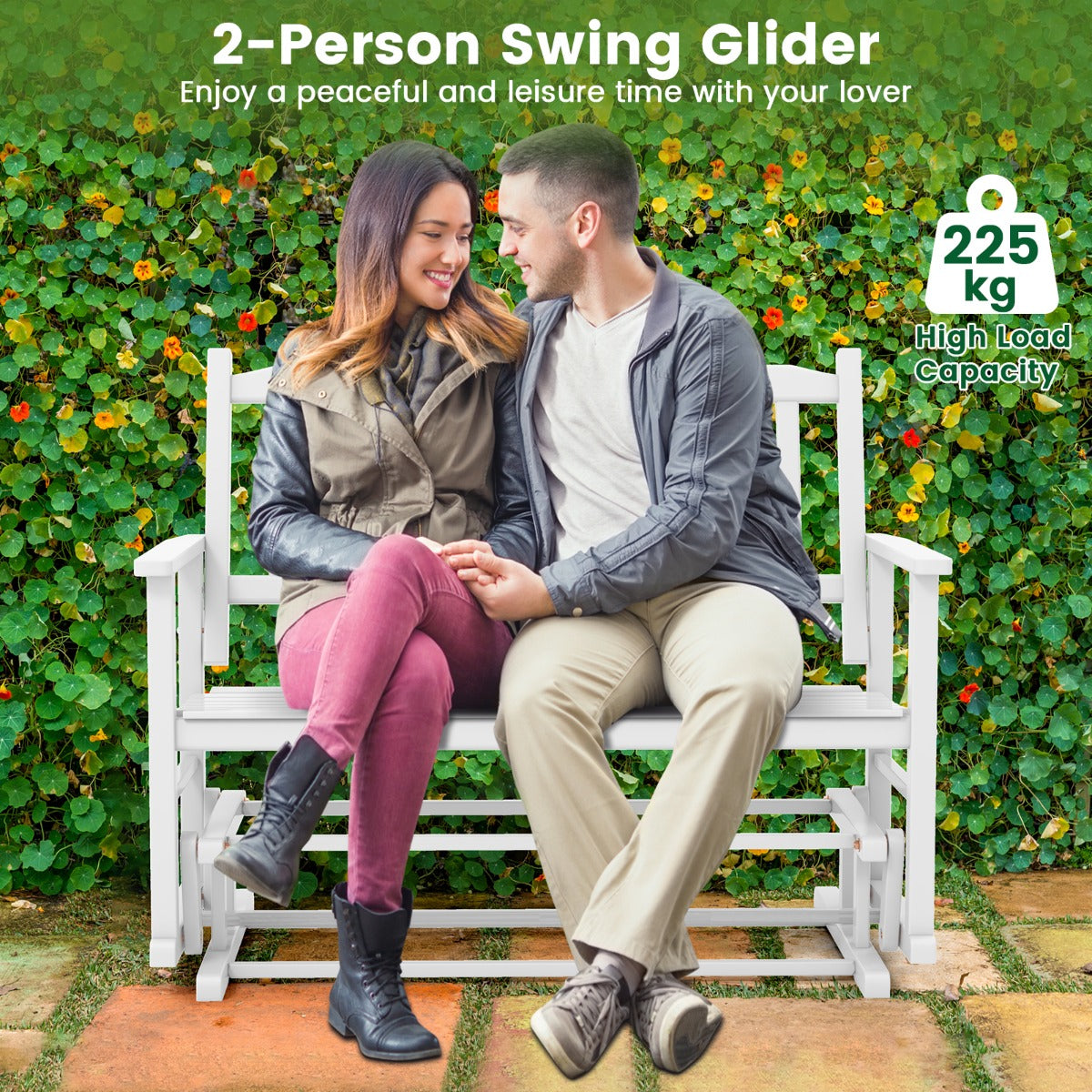 Compact two-person glider suits backyards, gardens, balconies, patios, decks, and poolside areas