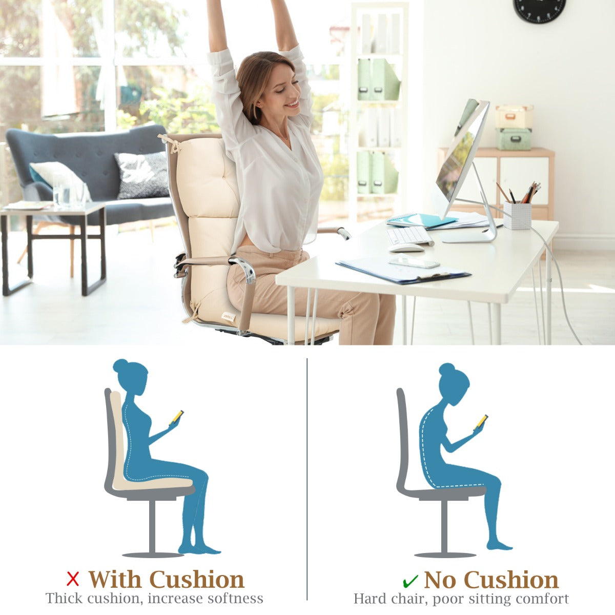 Patio High Back Chair Cushion Chair Seat Pads with Non-slip Rope Belts-Beige