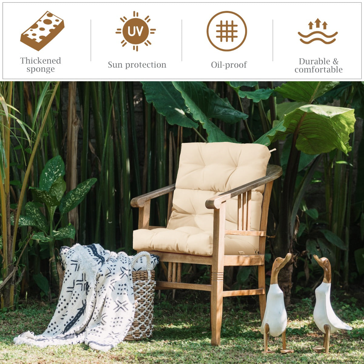 Patio High Back Chair Cushion Chair Seat Pads with Non-slip Rope Belts-Beige