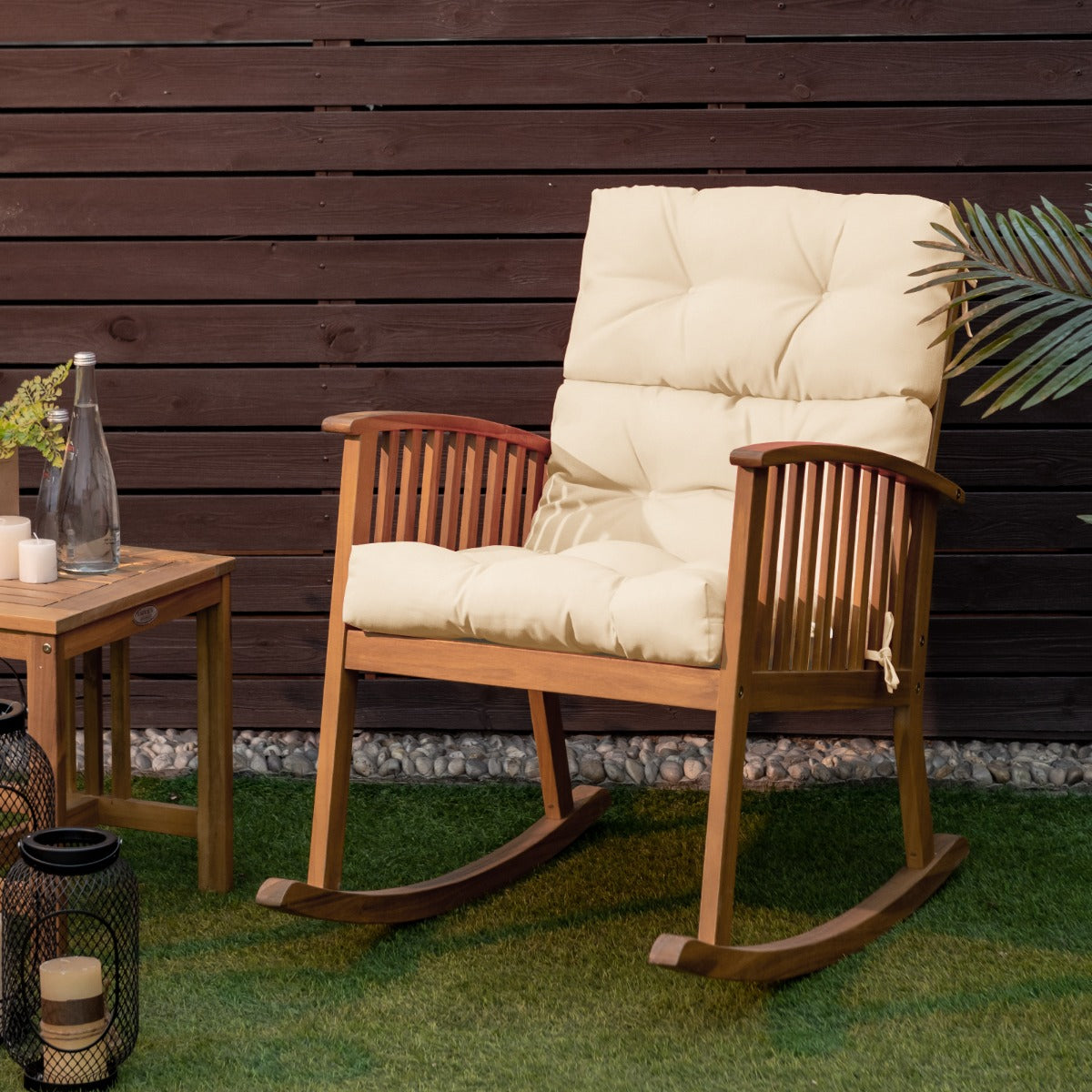 Patio High Back Chair Cushion Chair Seat Pads with Non-slip Rope Belts-Beige