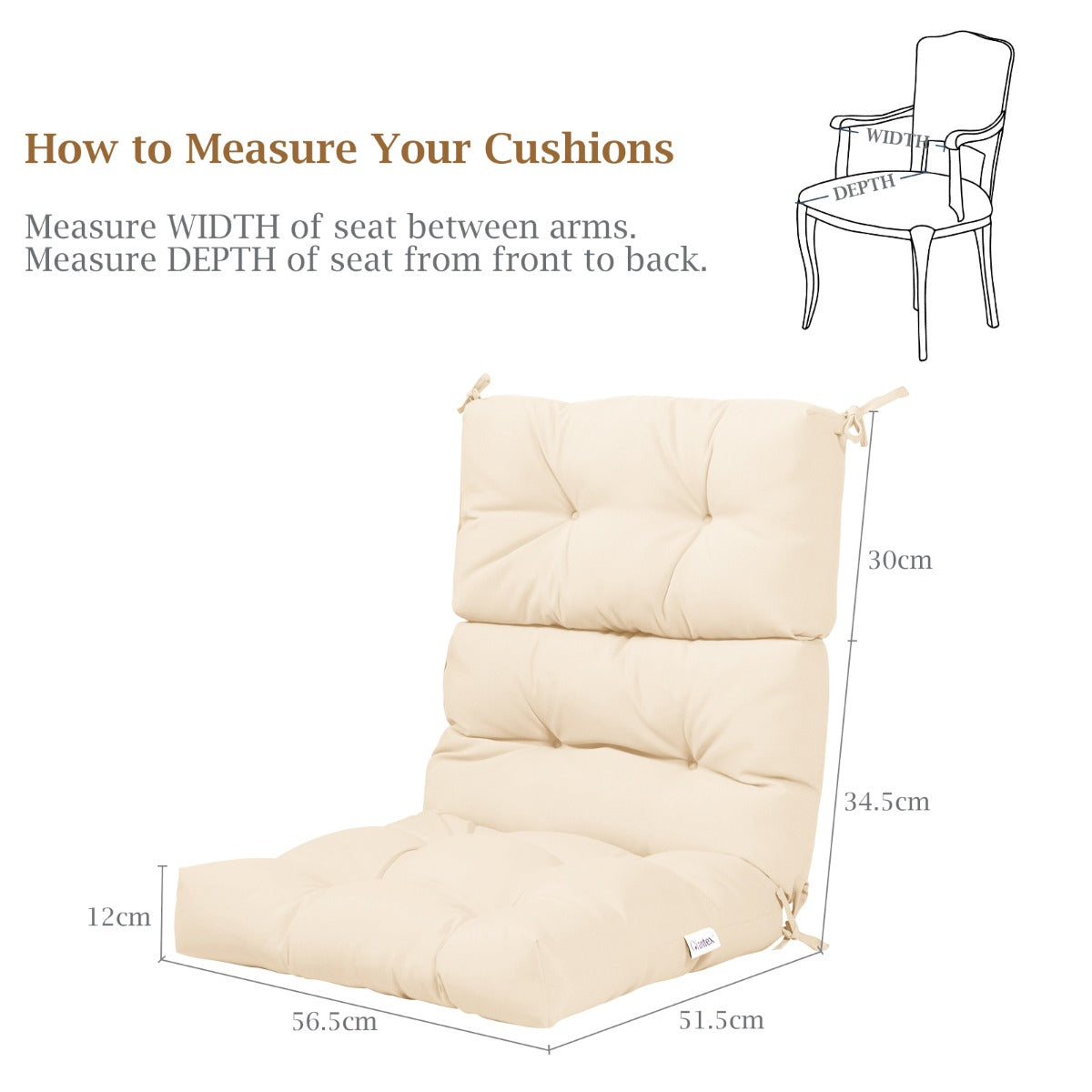 Patio High Back Chair Cushion Chair Seat Pads with Non-slip Rope Belts-Beige