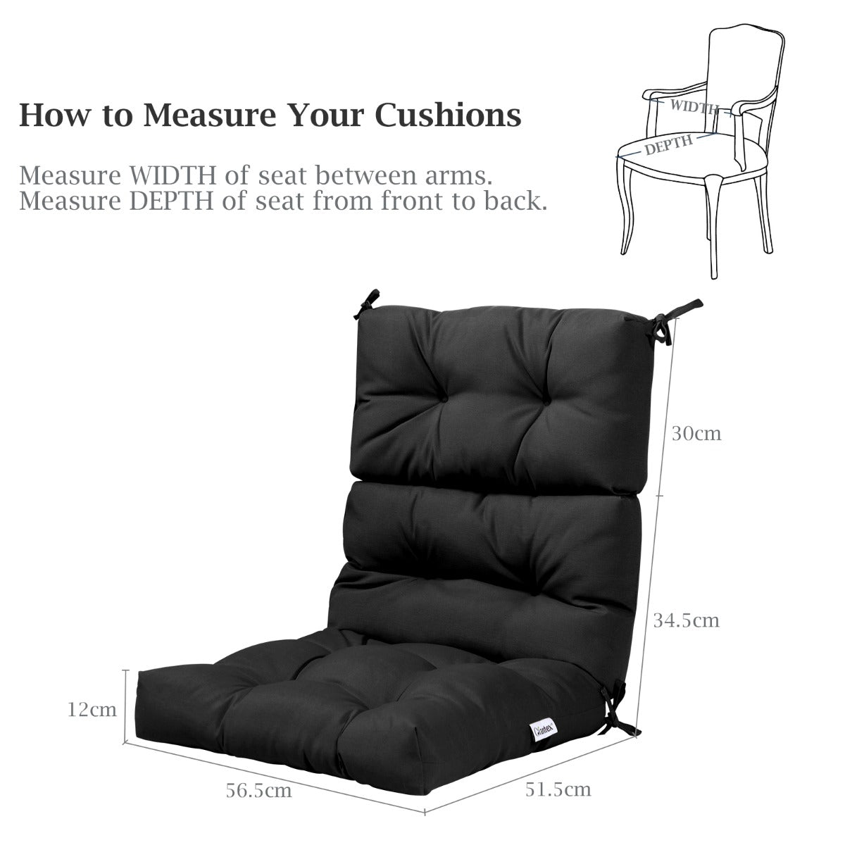 Patio High Back Chair Cushion Chair Seat Pads with Non-slip Rope Belts-Black