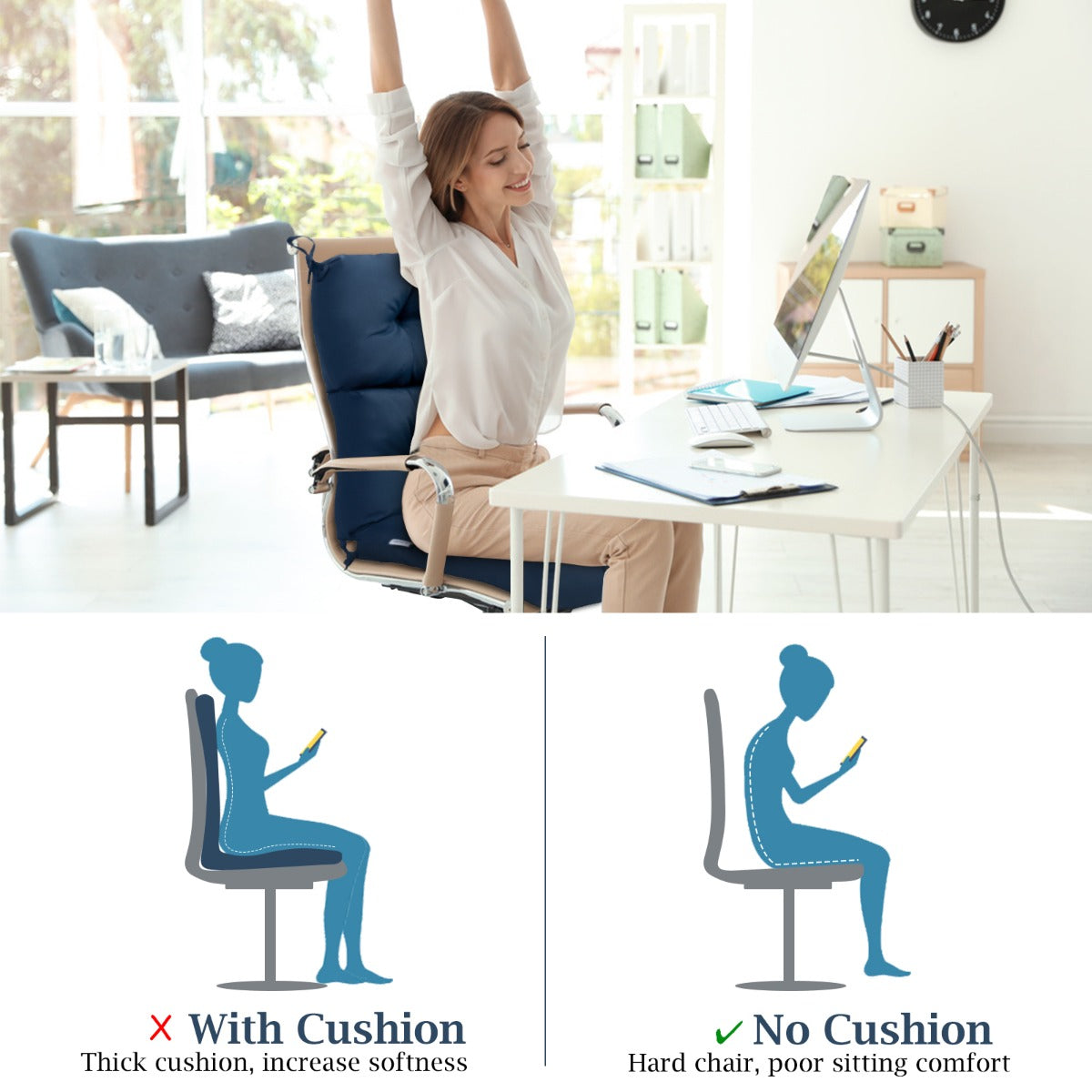 Patio High Back Chair Cushion Chair Seat Pads with Non-slip Rope Belts-Blue