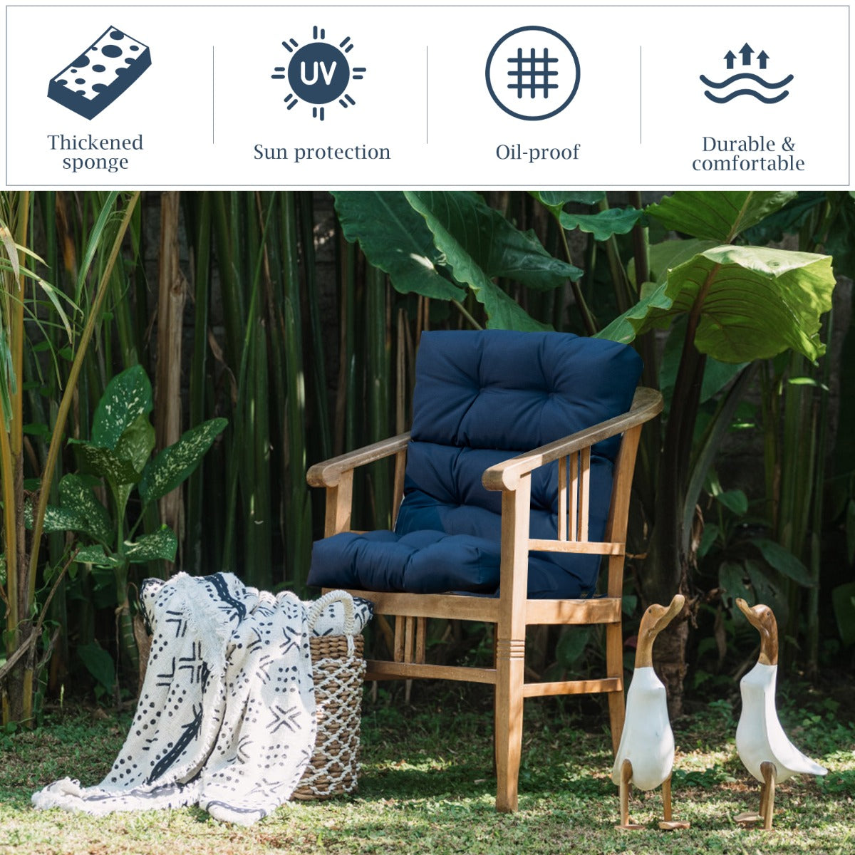Patio High Back Chair Cushion Chair Seat Pads with Non-slip Rope Belts-Blue