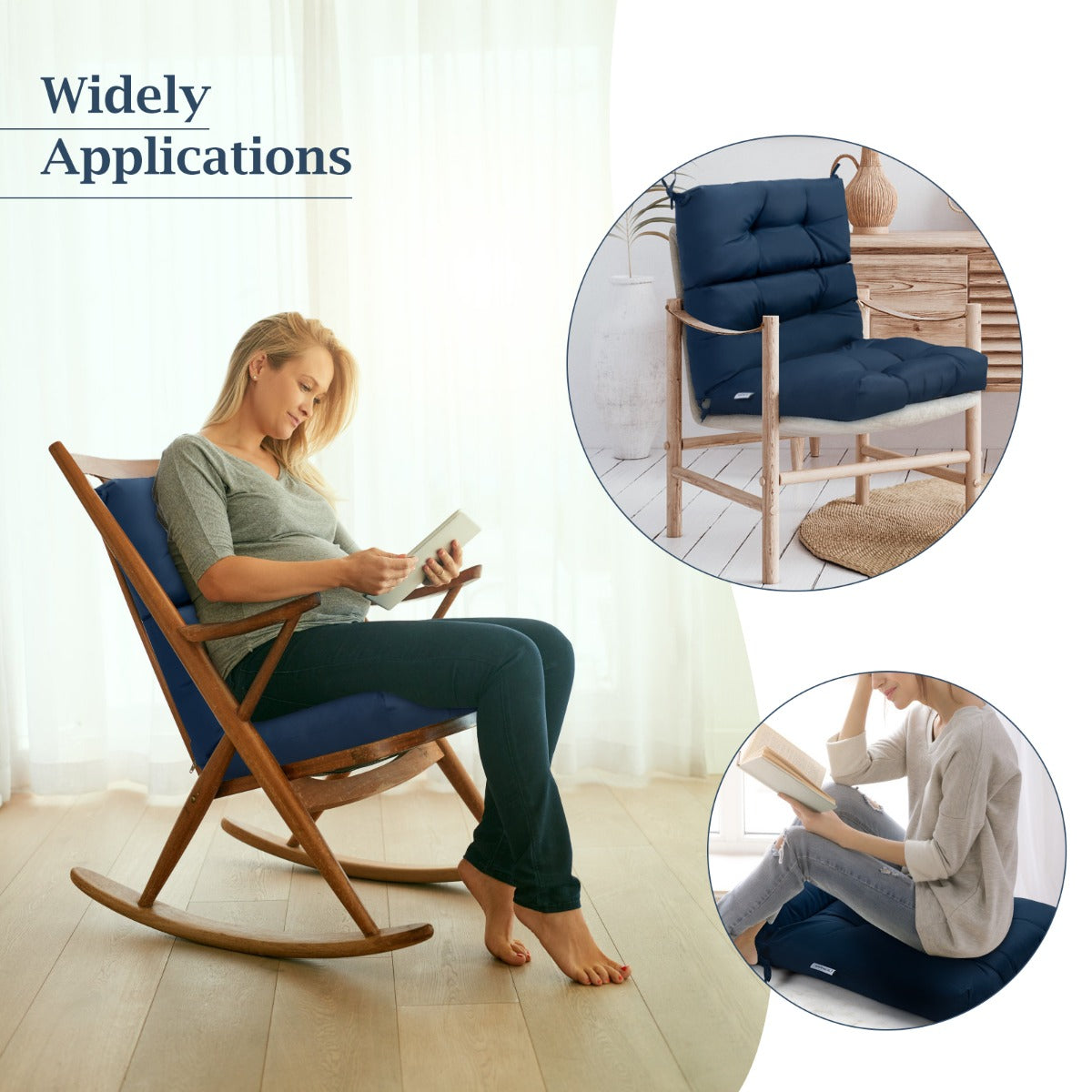 Patio High Back Chair Cushion Chair Seat Pads with Non-slip Rope Belts-Blue