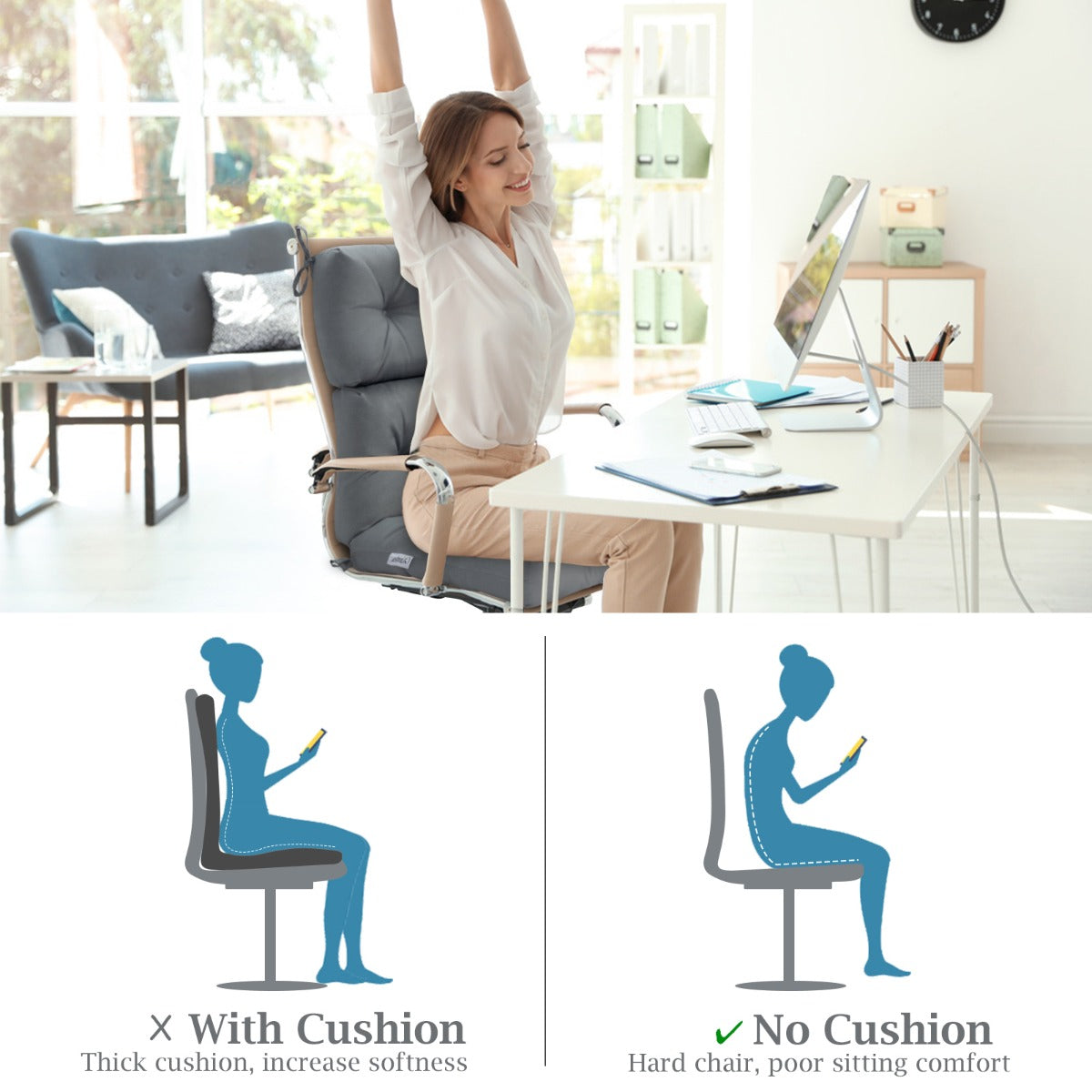 Patio High Back Chair Cushion Chair Seat Pads with Non-slip Rope Belts-Grey