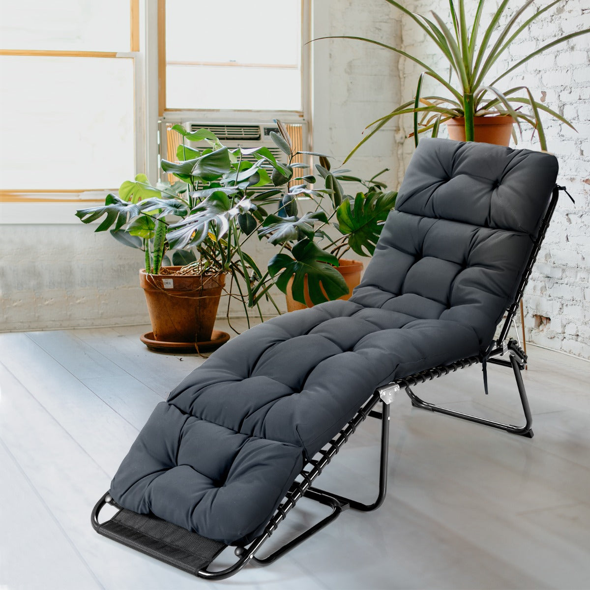 186cm x 56cm Patio Lounge Chair Cushion with 4 String Ties(Chair Excluded)-Grey
