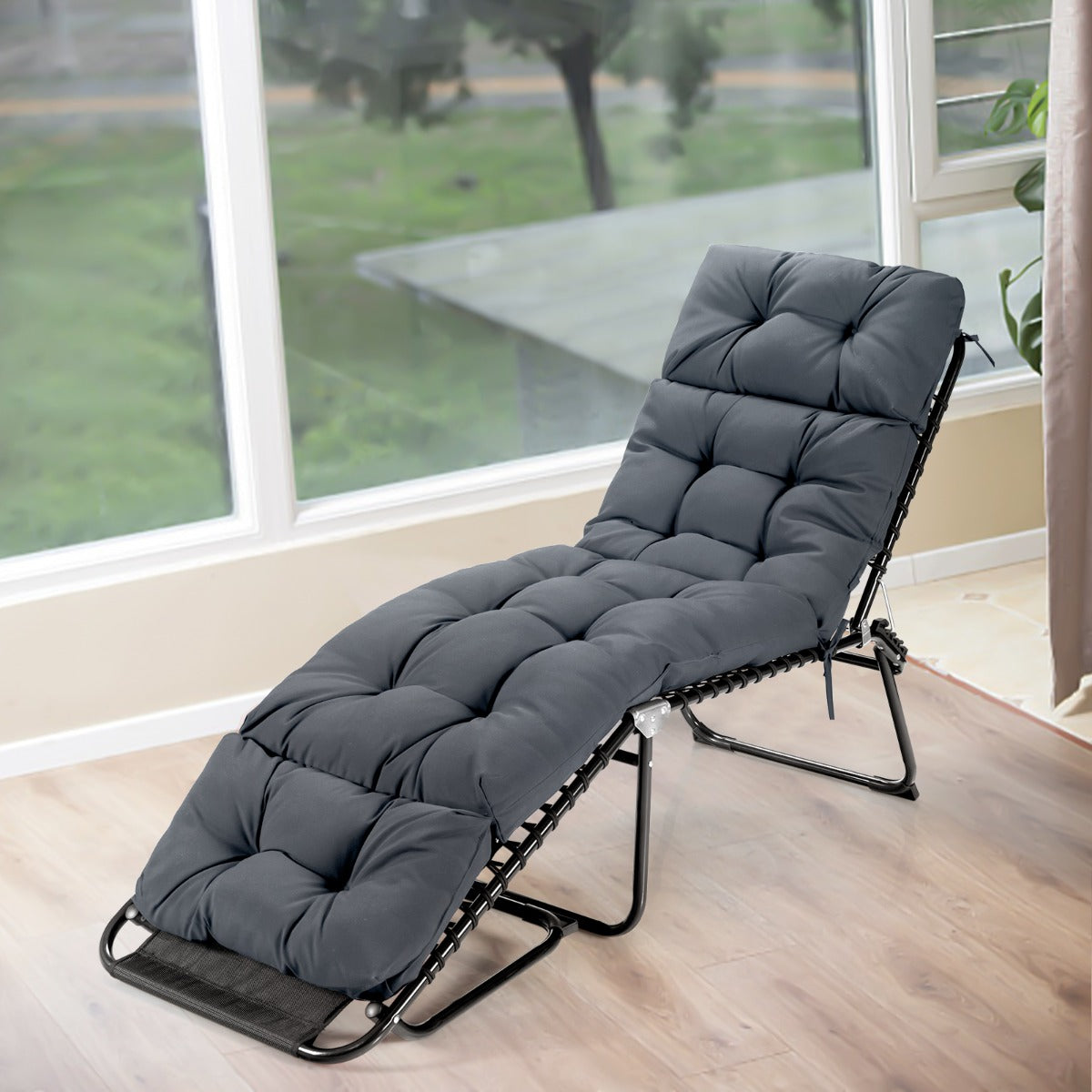186cm x 56cm Patio Lounge Chair Cushion with 4 String Ties(Chair Excluded)-Grey