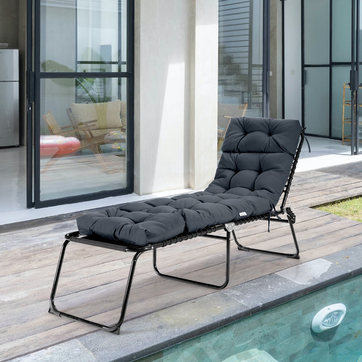 186cm x 56cm Patio Lounge Chair Cushion with 4 String Ties(Chair Excluded)-Grey