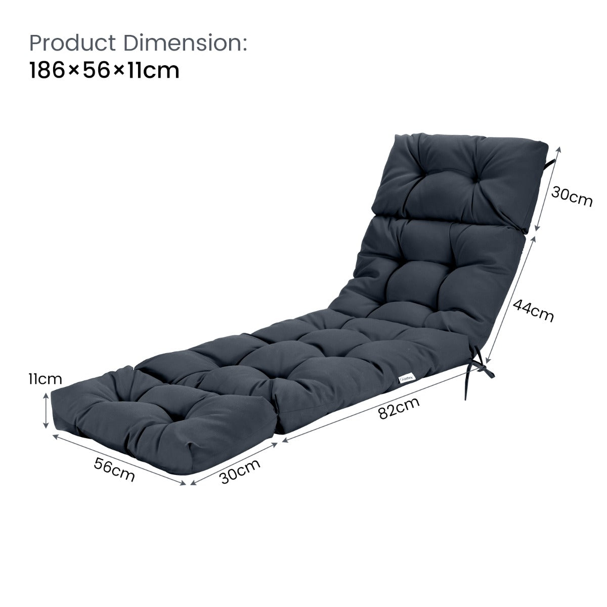 186cm x 56cm Patio Lounge Chair Cushion with 4 String Ties(Chair Excluded)-Grey