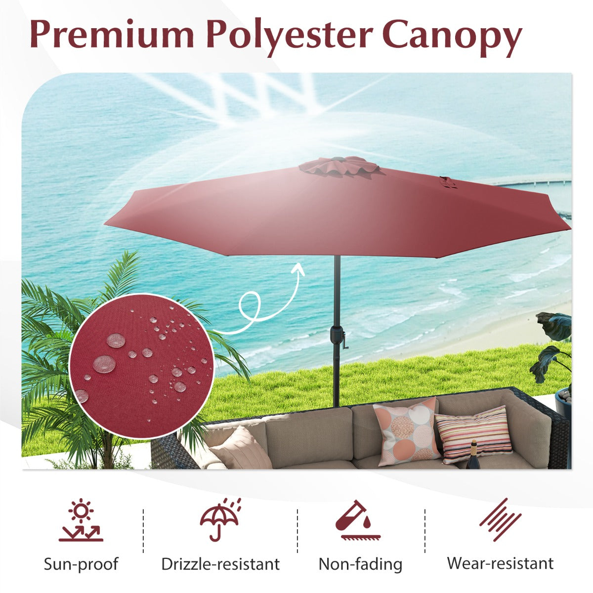3.6 m Patio Outdoor Market Umbrella With Crank Handle-Wine