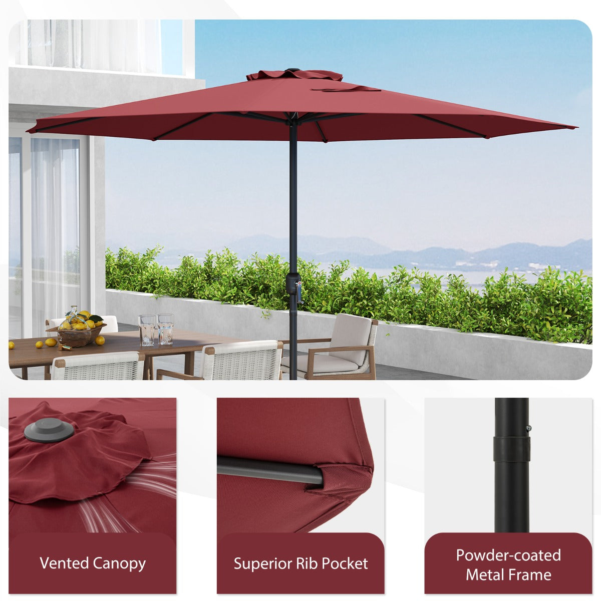 3.6 m Patio Outdoor Market Umbrella With Crank Handle-Wine