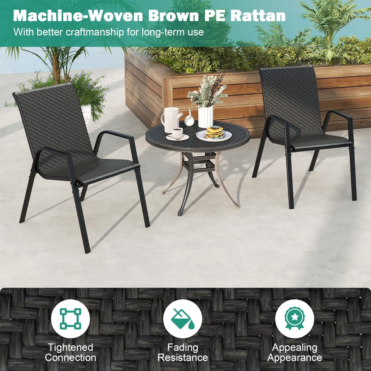 Curved backrests, wide seats, and armrests provide comfortable support while relaxing outdoors