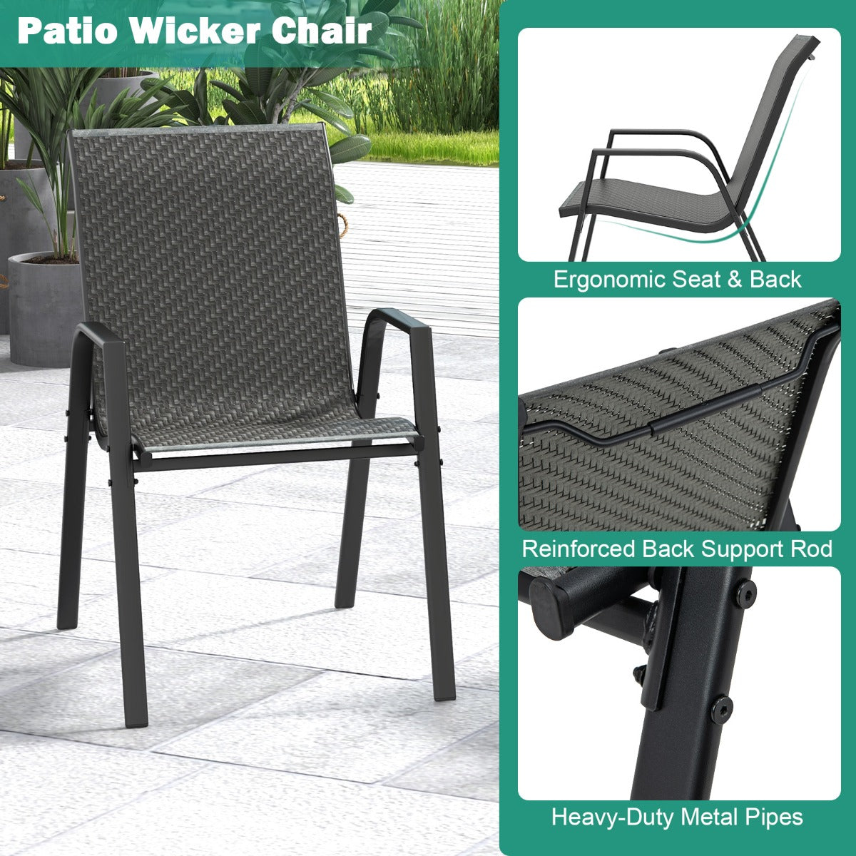 Stackable armchairs save storage space and make seasonal patio organization easier