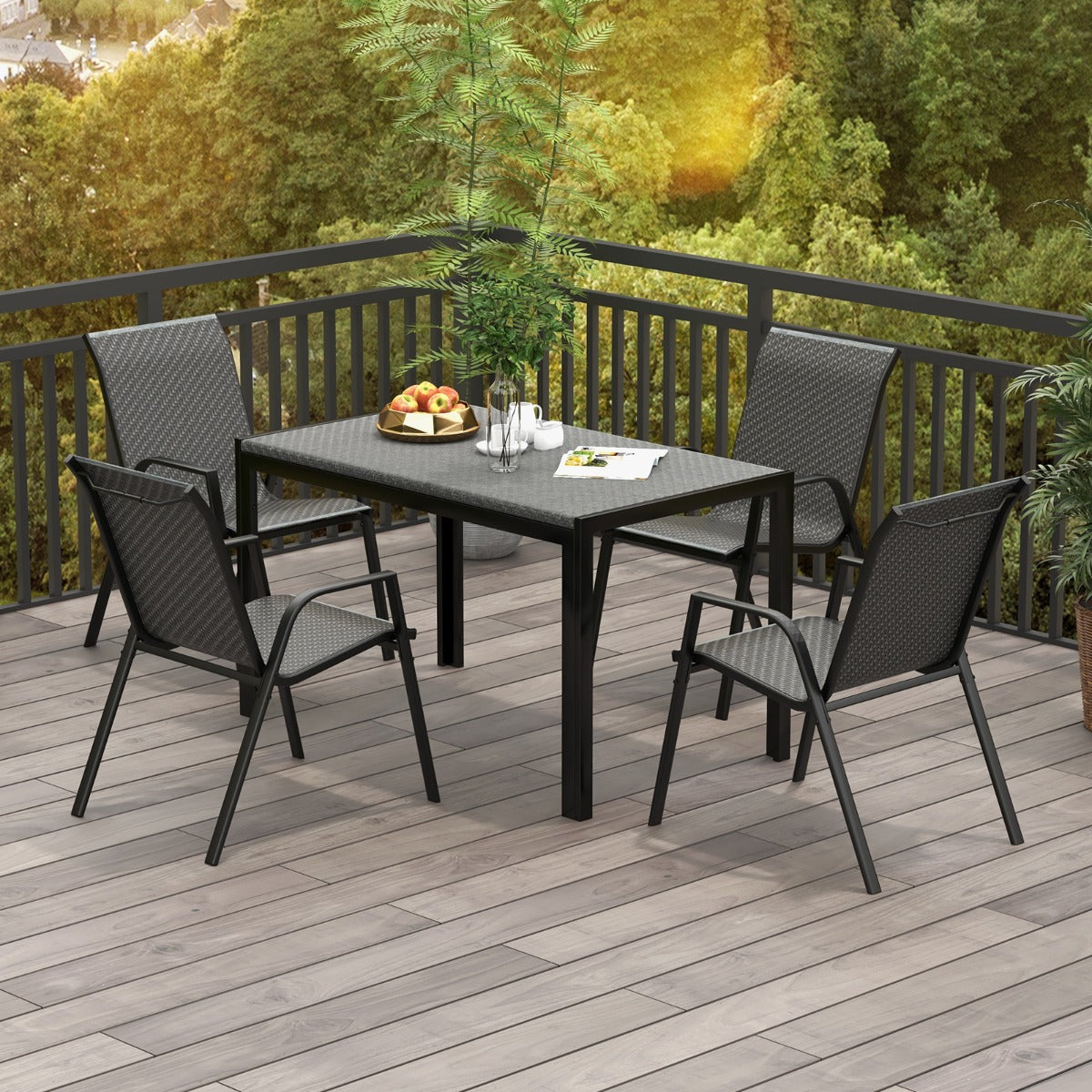 Minimalist rattan chairs match outdoor tables for backyards, porches, poolside areas, and balconies