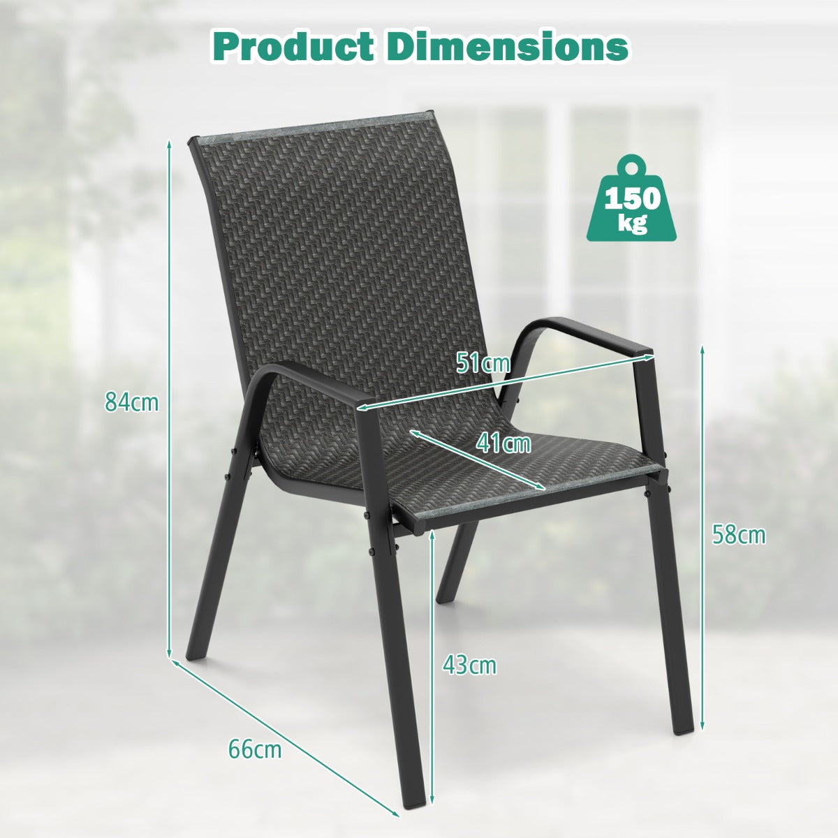 Set of four brown PE rattan patio chairs with black metal frames and comfortable armrests