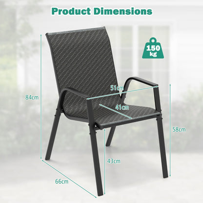 Set of four brown PE rattan patio chairs with black metal frames and comfortable armrests