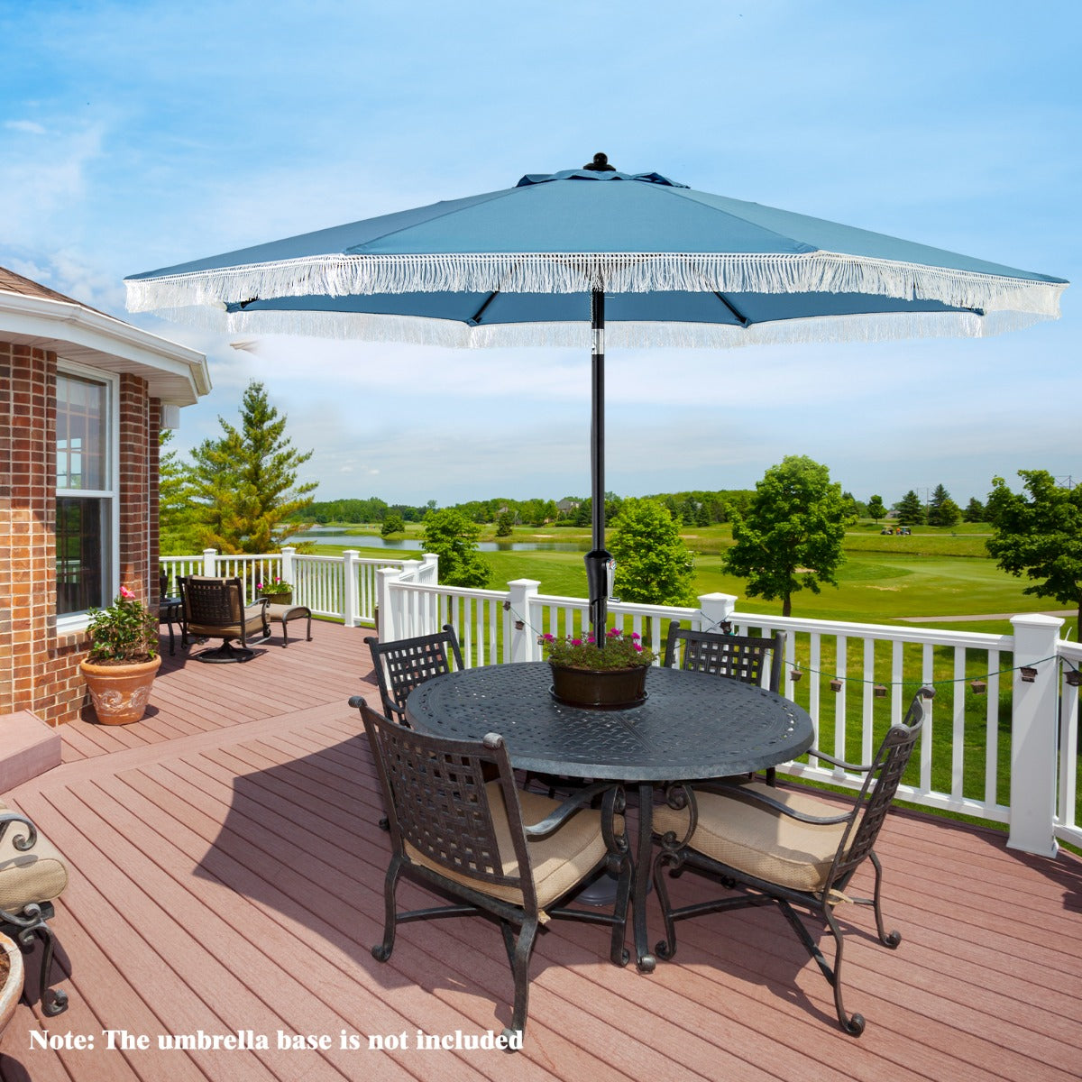 Rust-resistant powder-coated pole and secure latch help keep the patio umbrella firmly open