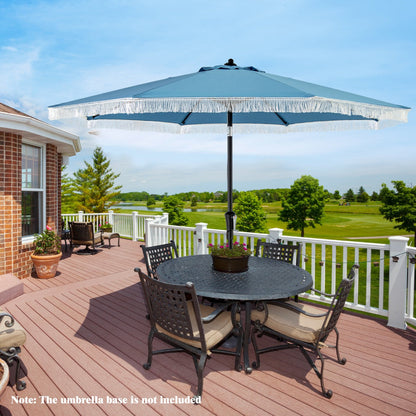 Rust-resistant powder-coated pole and secure latch help keep the patio umbrella firmly open
