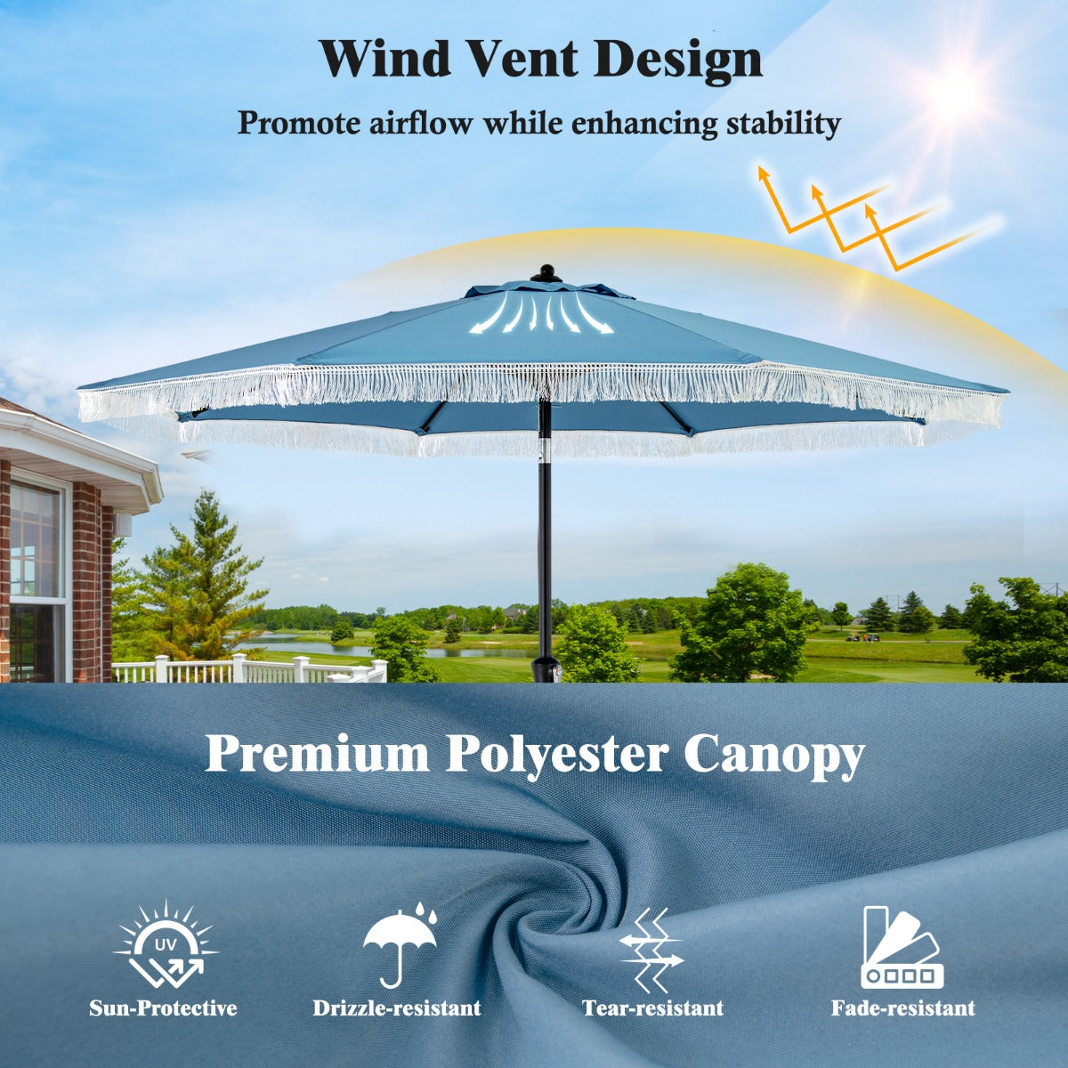 Two-section outdoor parasol design allows easy assembly, disassembly and compact storage