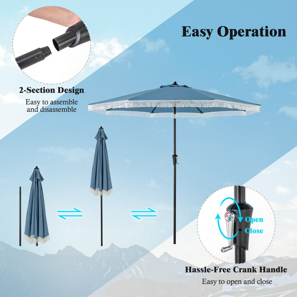 Eight heavy-duty metal ribs support this durable outdoor umbrella for reliable garden use