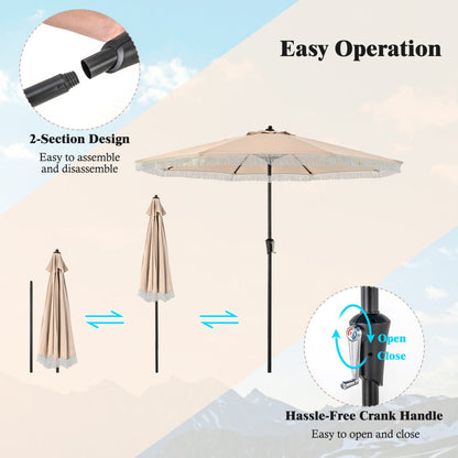 Eight heavy-duty metal ribs support this durable outdoor umbrella for reliable garden use