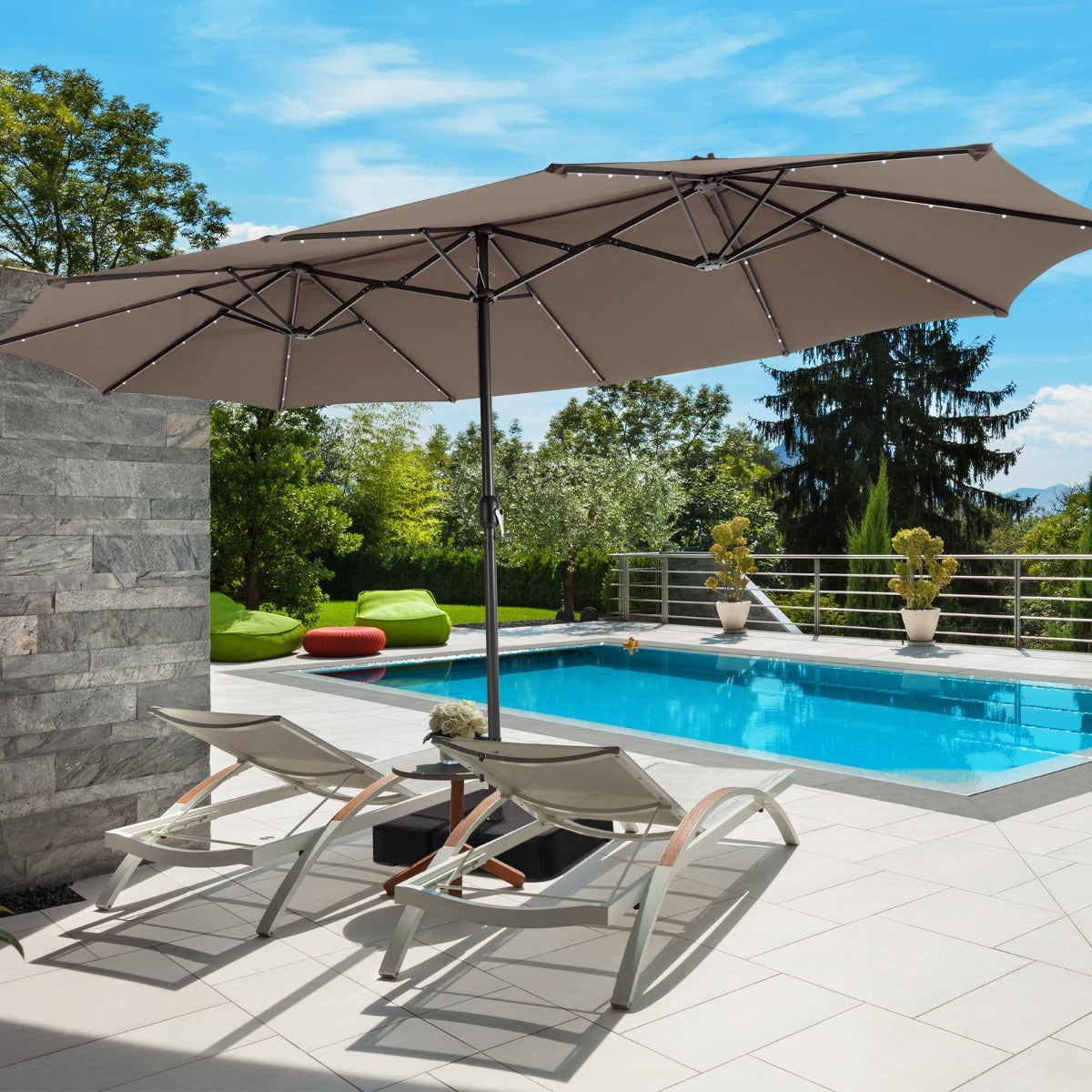 Large vented garden umbrella improves air circulation and helps create a cooler shaded seating area