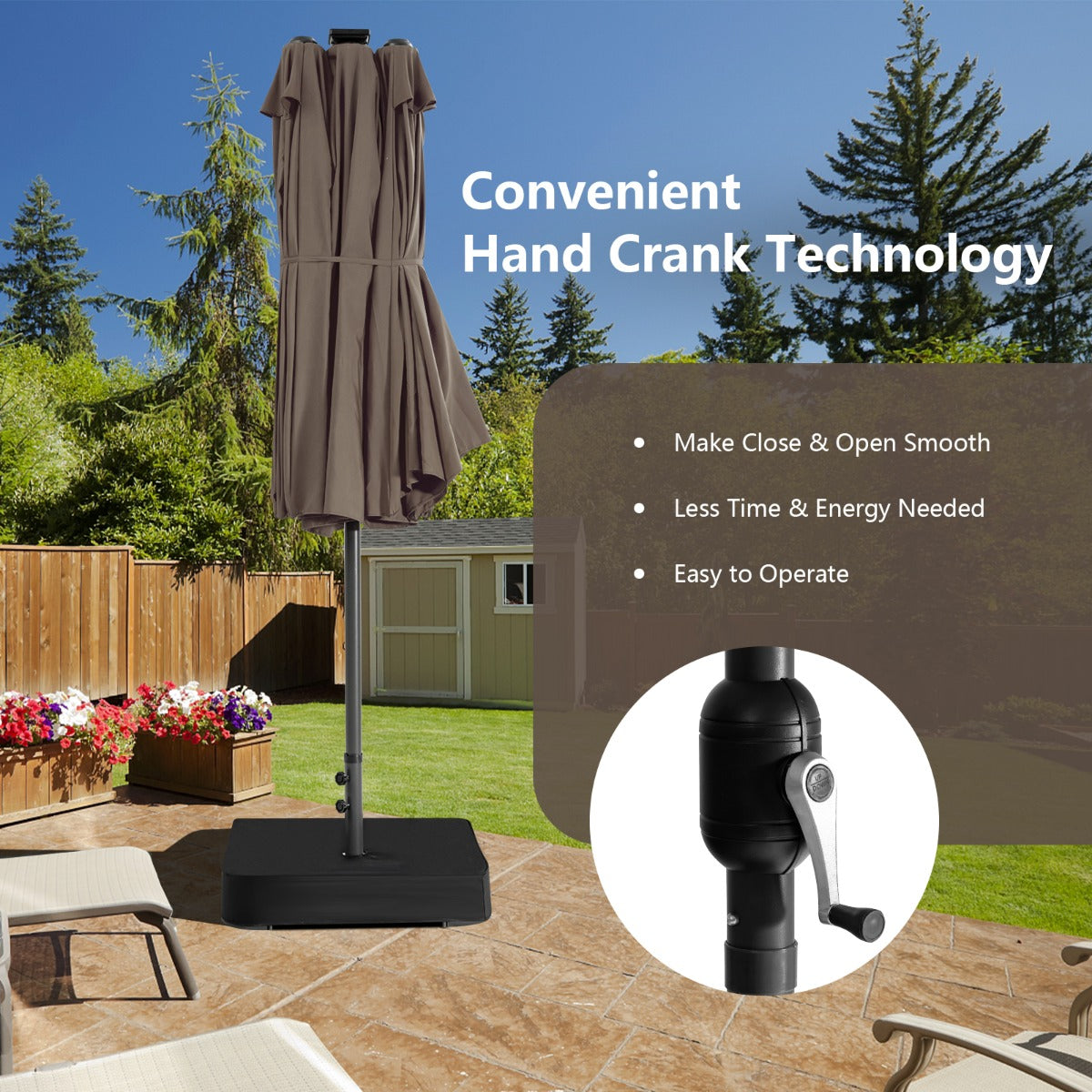 Cross-base twin umbrella includes two fillable sandbags holding up to 160 kg for strong wind resistance