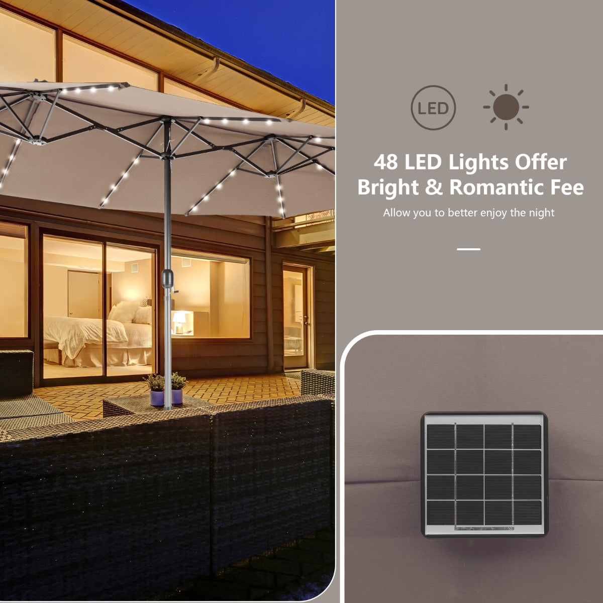 Costway 4.7M Double-Sided Patio Umbrella with Solar Lights for Poolside Garden Yard-Coffee