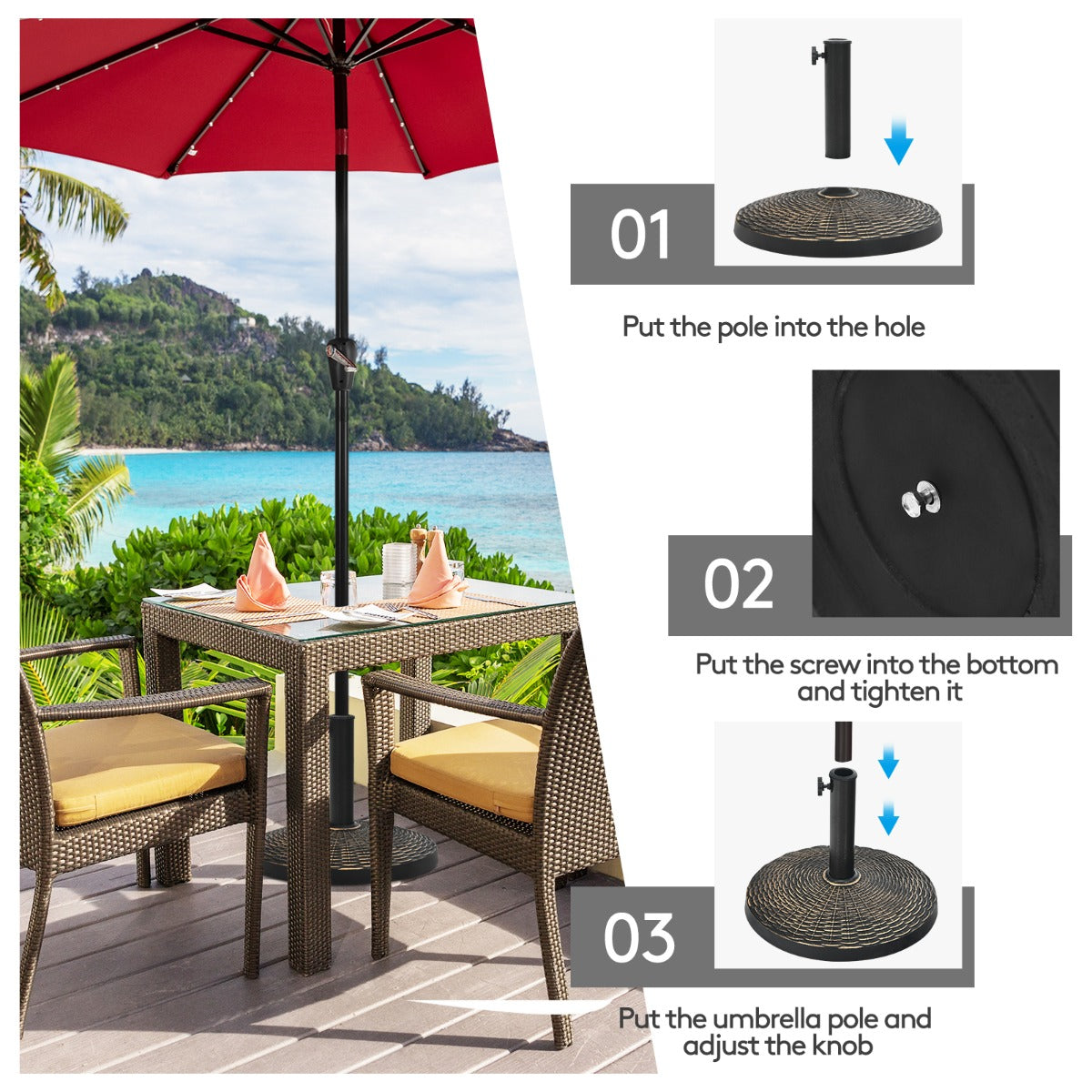 12kg Bronze Resin Patio Umbrella Base with Adjustable Knob and Rattan Design