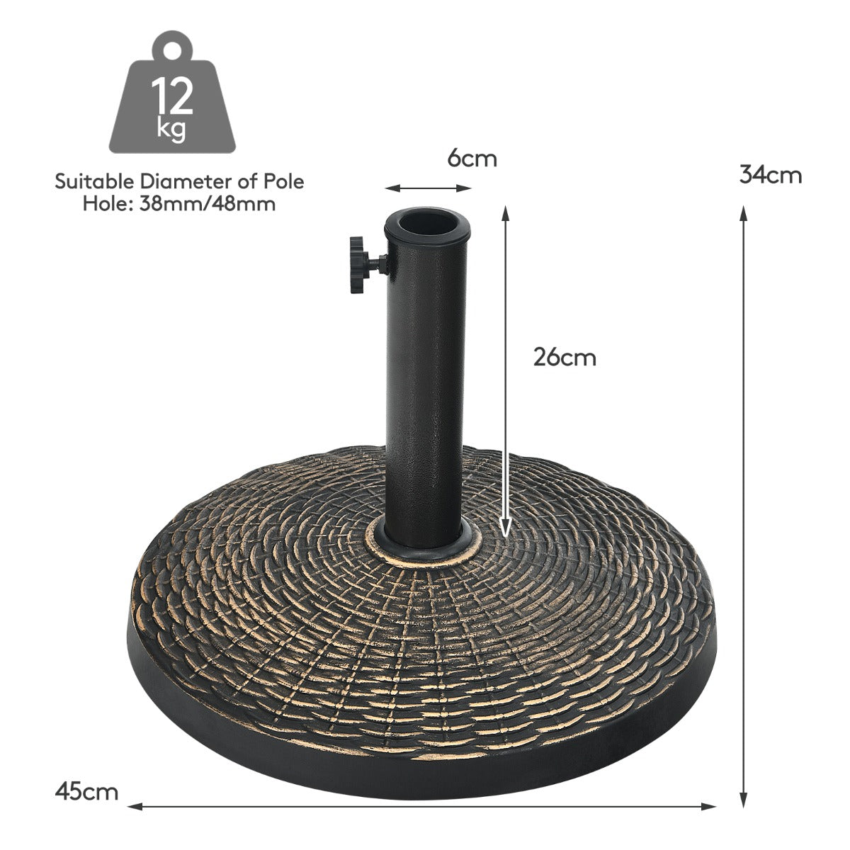 12kg Bronze Resin Patio Umbrella Base with Adjustable Knob and Rattan Design