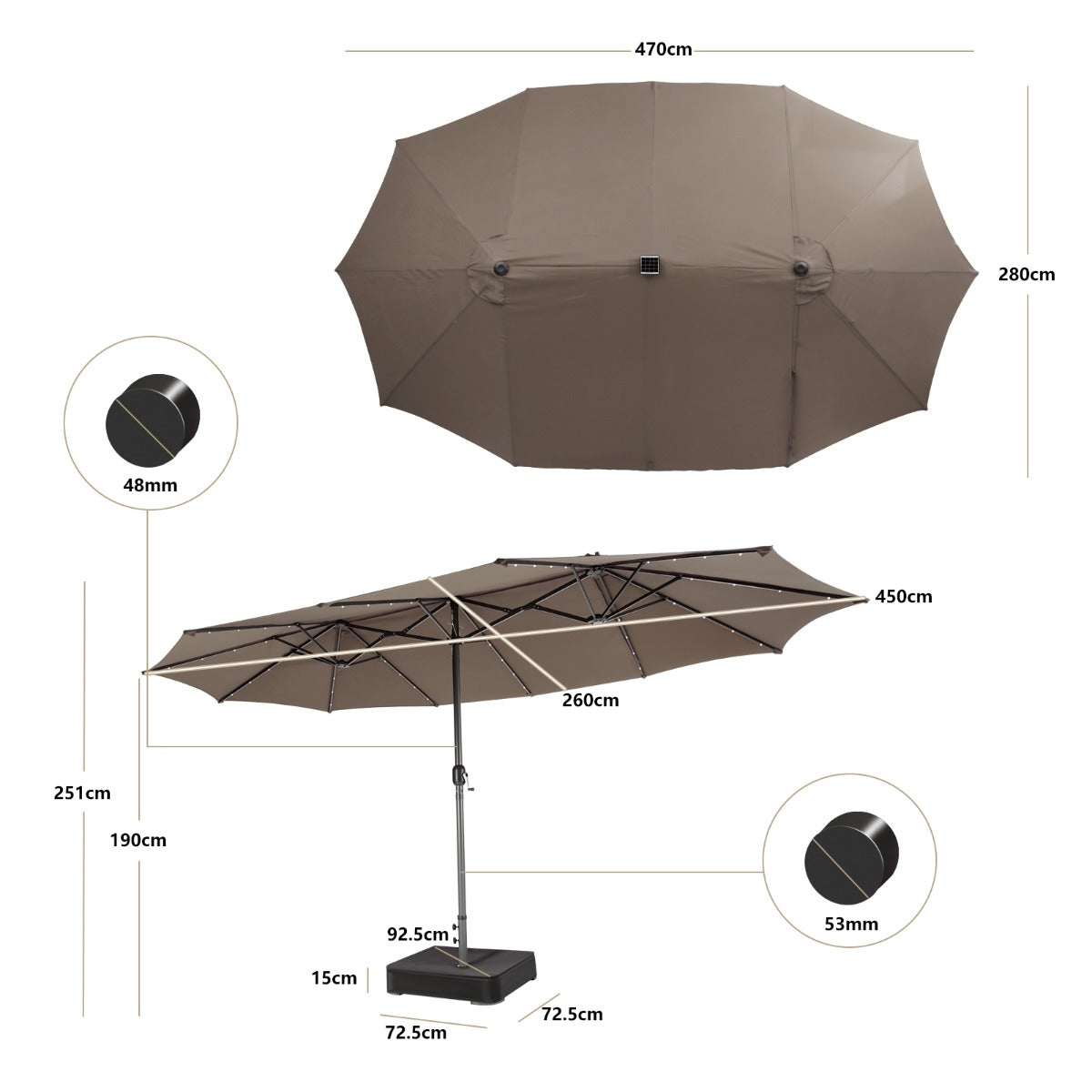 Oversized double-sided patio umbrella with a 470 cm by 280 cm canopy for expansive outdoor shade