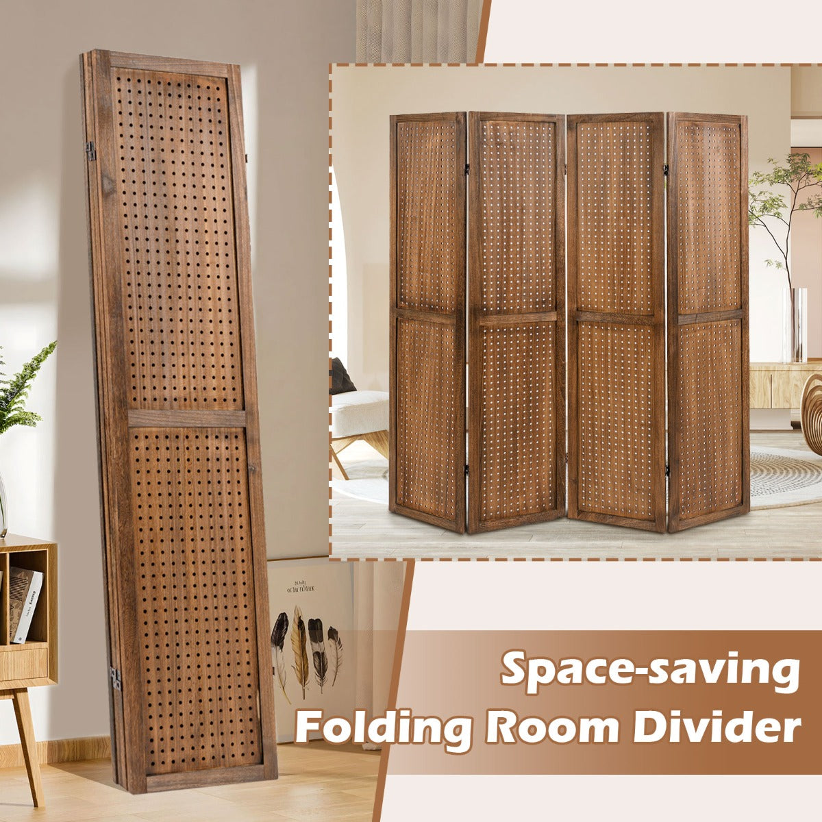 Costway 4/6-Panel Pegboard Display with 360° Metal Hinges and Solid Wood Frame-4 panel