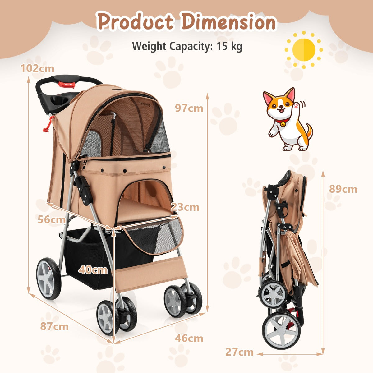 4-Wheel Folding Pet Stroller with Mesh Windows &amp;amp; Storage Basket-Beige