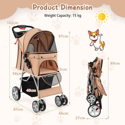 4-Wheel Folding Pet Stroller with Mesh Windows &amp;amp; Storage Basket-Beige
