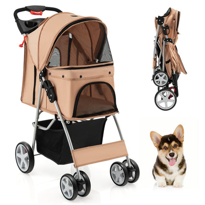 4-Wheel Folding Pet Stroller with Mesh Windows &amp;amp; Storage Basket-Beige