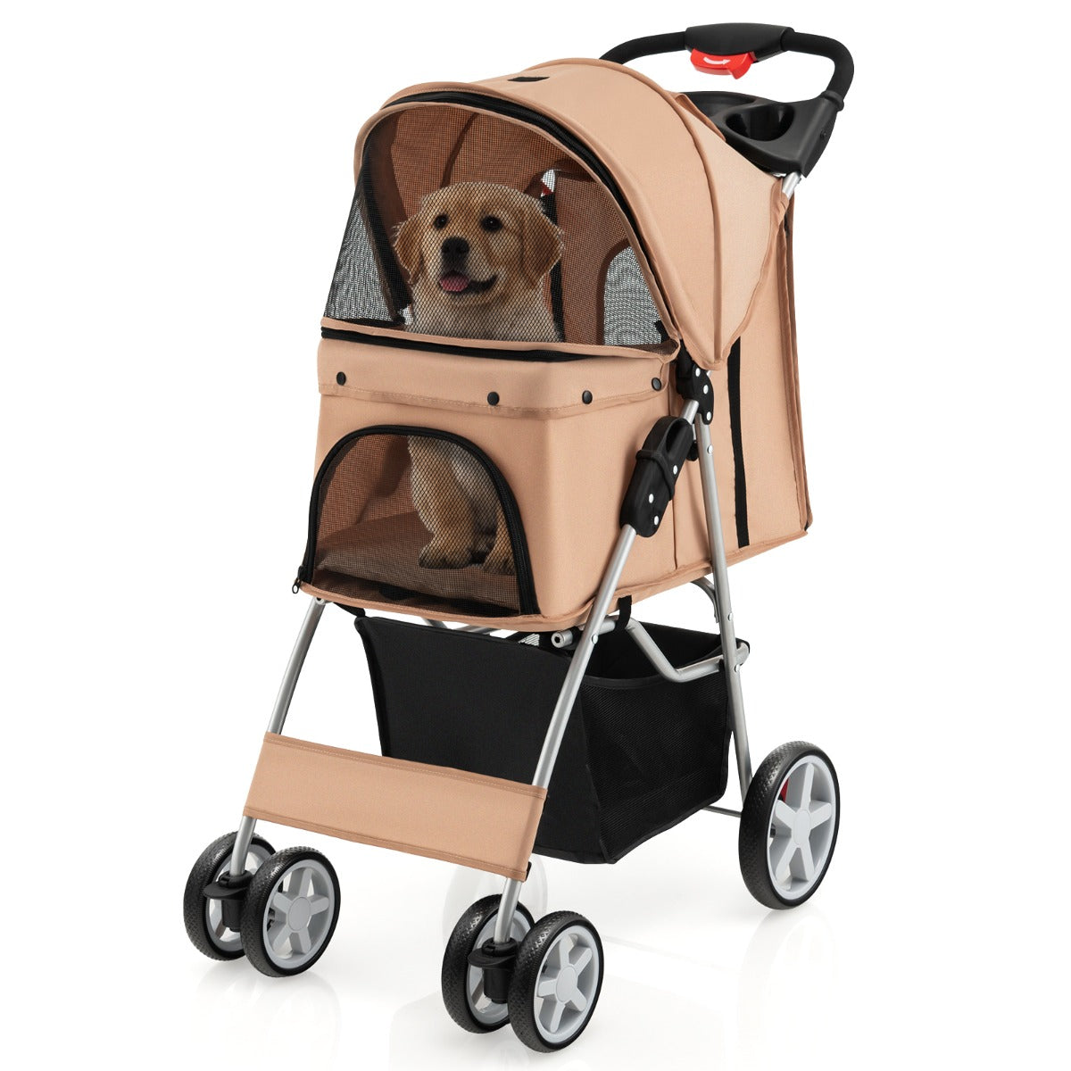 4-Wheel Folding Pet Stroller with Mesh Windows &amp;amp; Storage Basket-Beige
