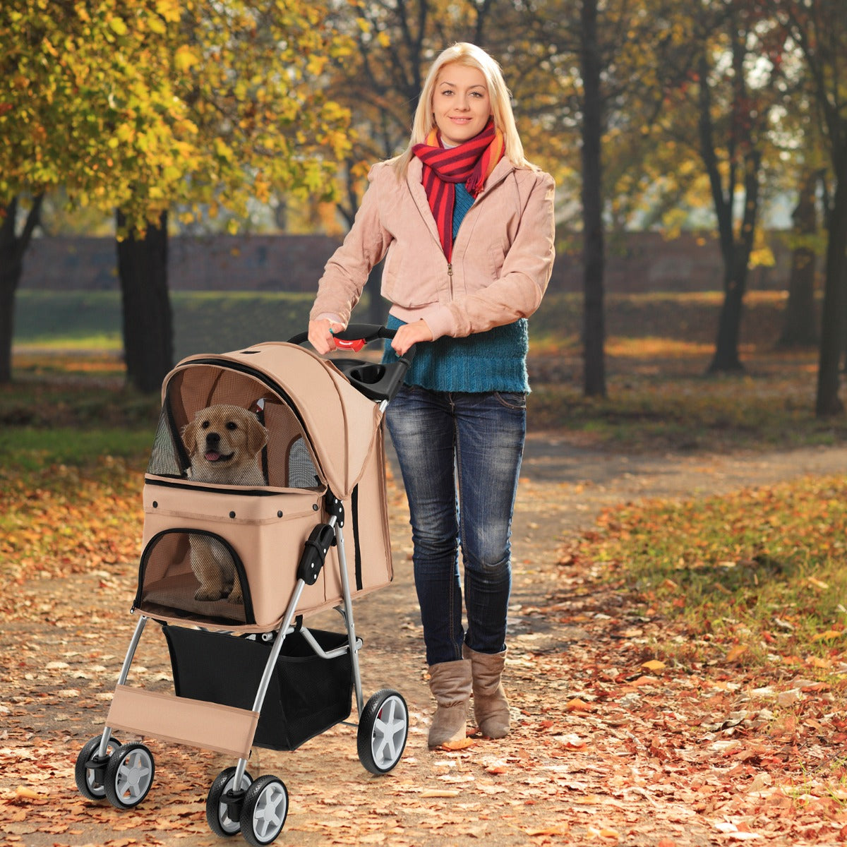 4-Wheel Folding Pet Stroller with Mesh Windows &amp;amp; Storage Basket-Beige