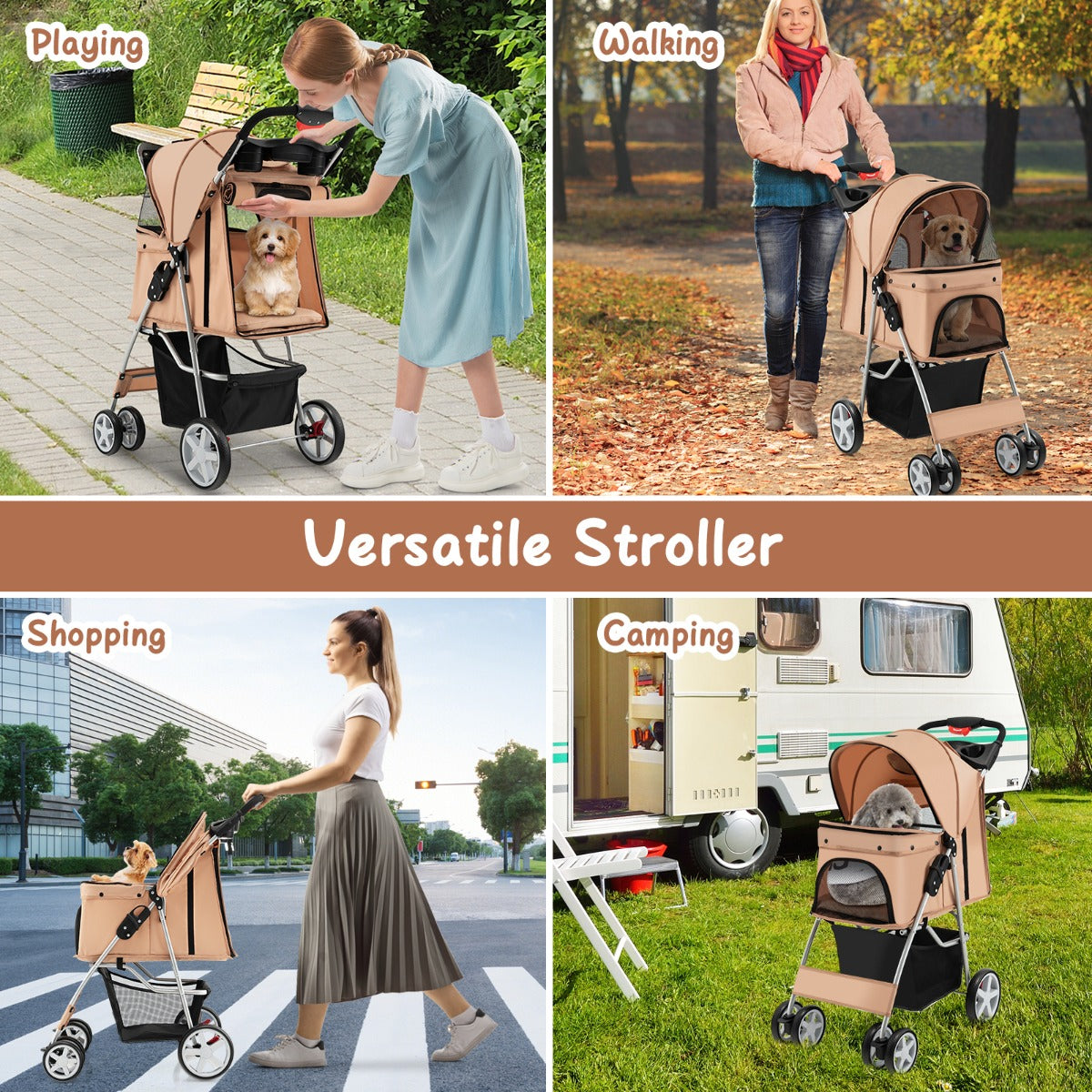 4-Wheel Folding Pet Stroller with Mesh Windows &amp;amp; Storage Basket-Beige