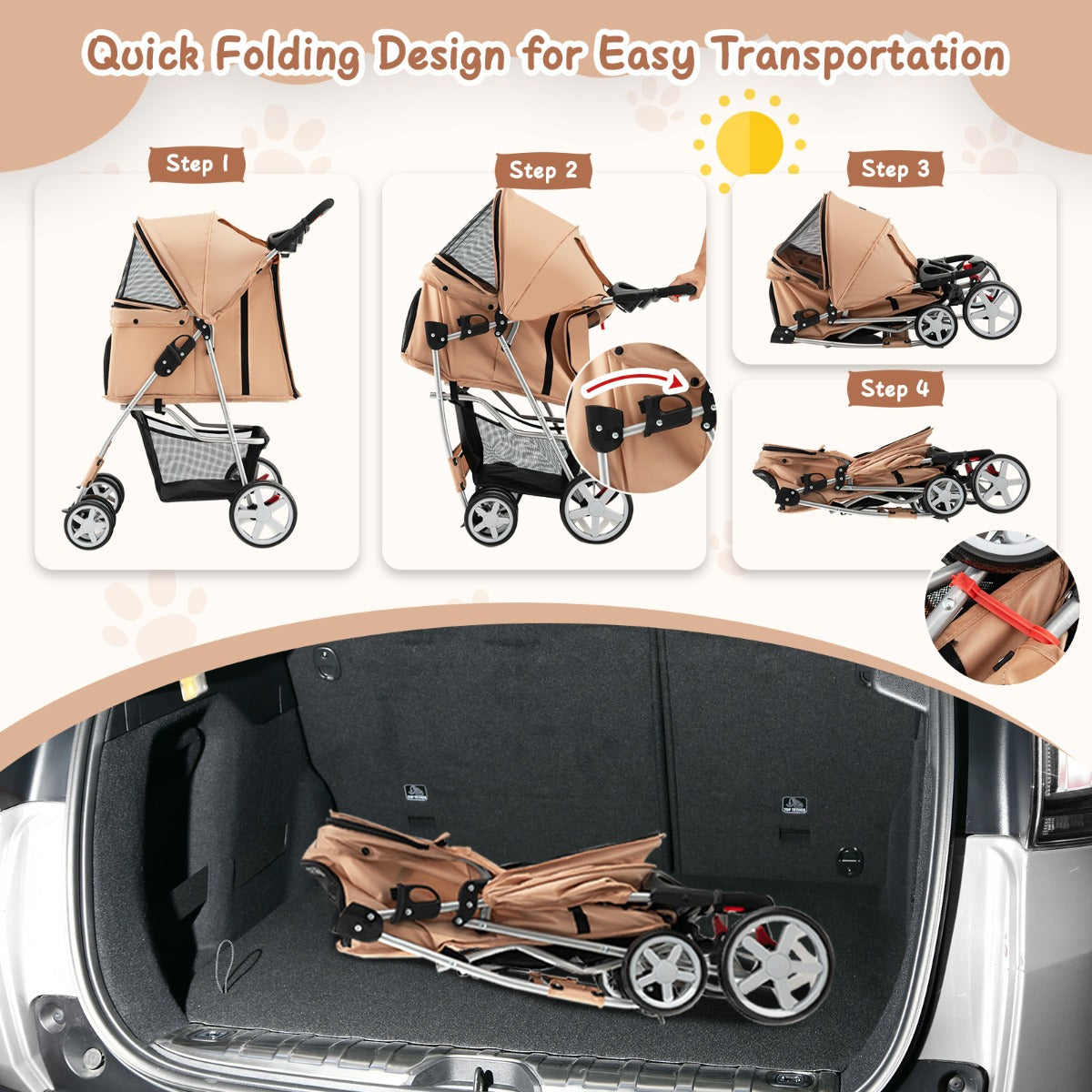 4-Wheel Folding Pet Stroller with Mesh Windows &amp;amp; Storage Basket-Beige