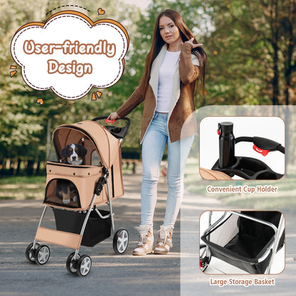 4-Wheel Folding Pet Stroller with Mesh Windows &amp;amp; Storage Basket-Beige