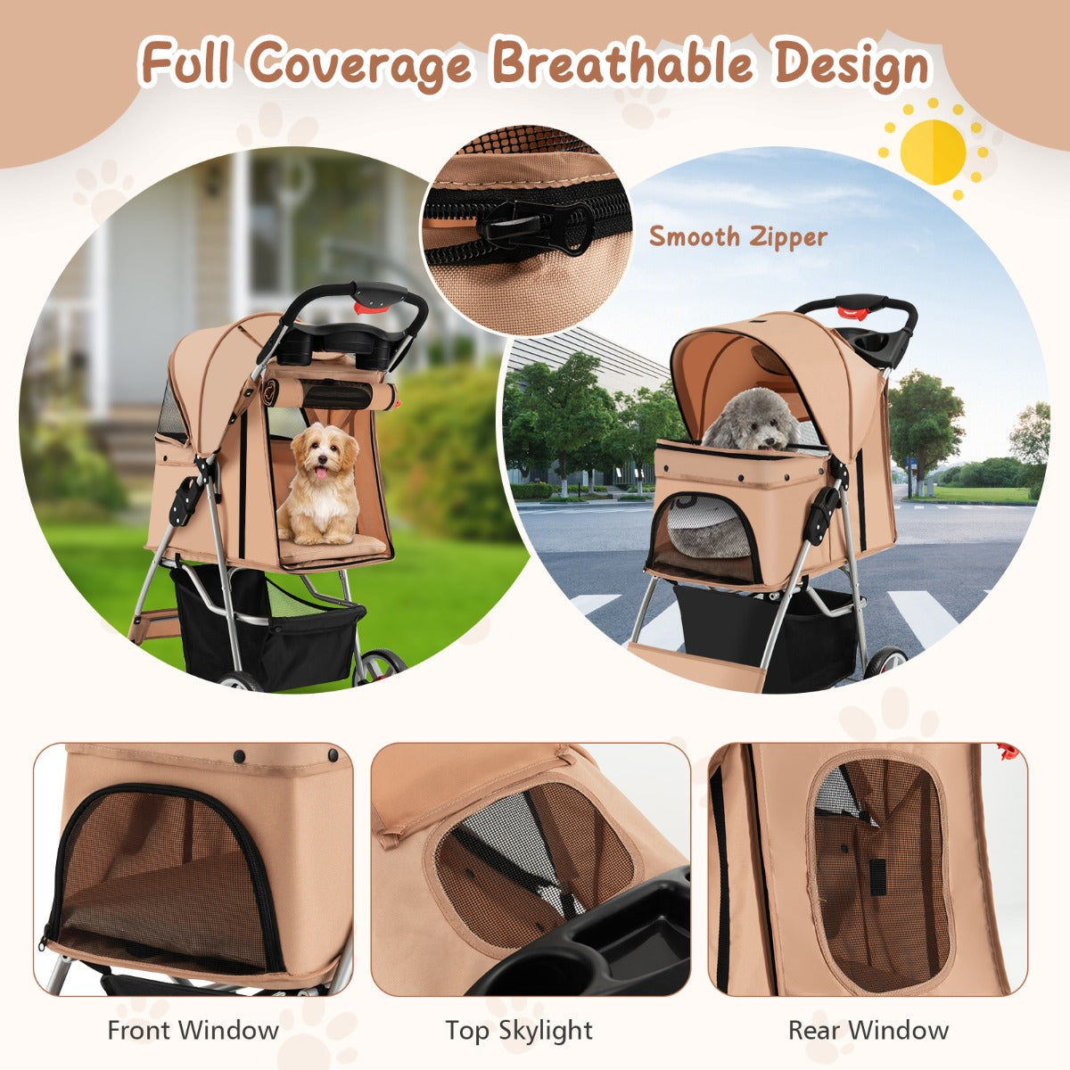 4-Wheel Folding Pet Stroller with Mesh Windows &amp;amp; Storage Basket-Beige