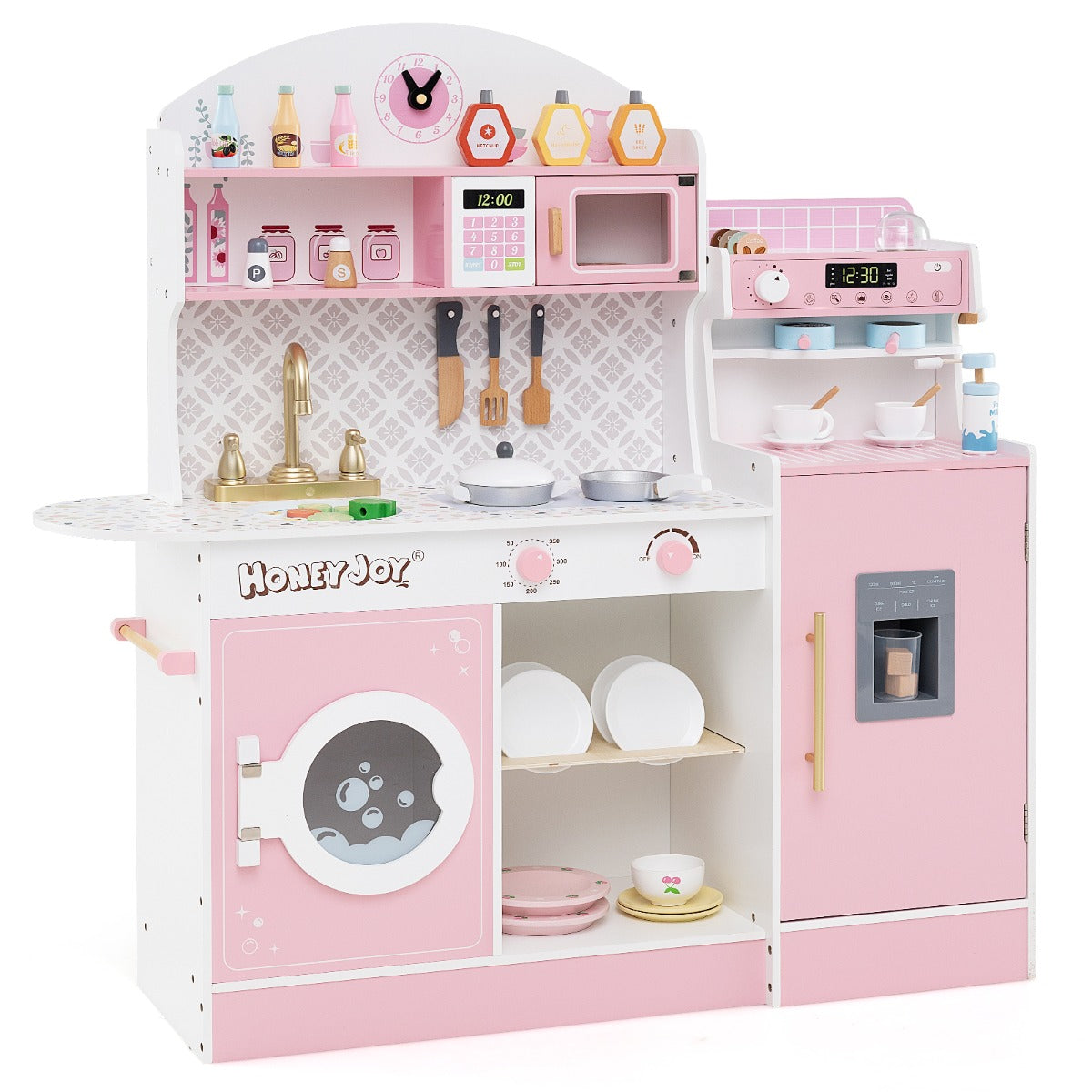 Wooden Kitchen Playset with Clock and Microwave-Pink