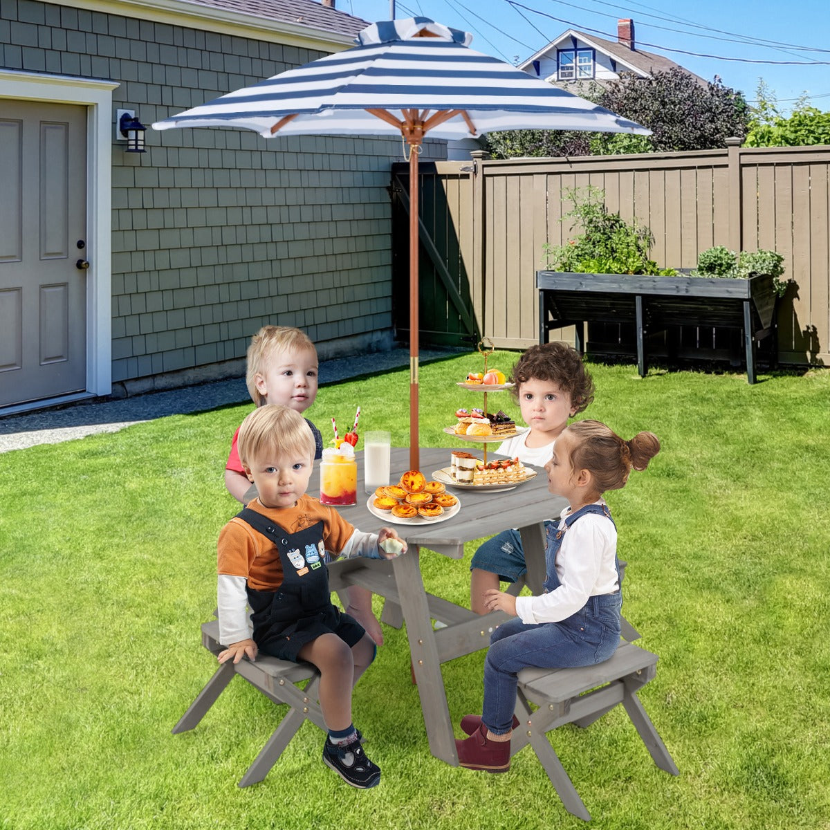 Costway Kids Picnic Table with 4 Chairs and Adjustable Umbrella for Patio Garden Backyard-Grey