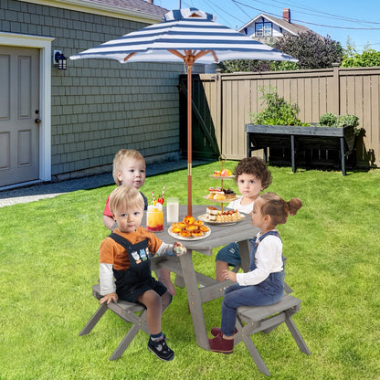 Costway Kids Picnic Table with 4 Chairs and Adjustable Umbrella for Patio Garden Backyard-Grey