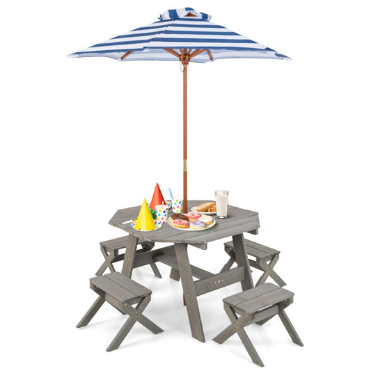 Costway Kids Picnic Table with 4 Chairs and Adjustable Umbrella for Patio Garden Backyard-Grey