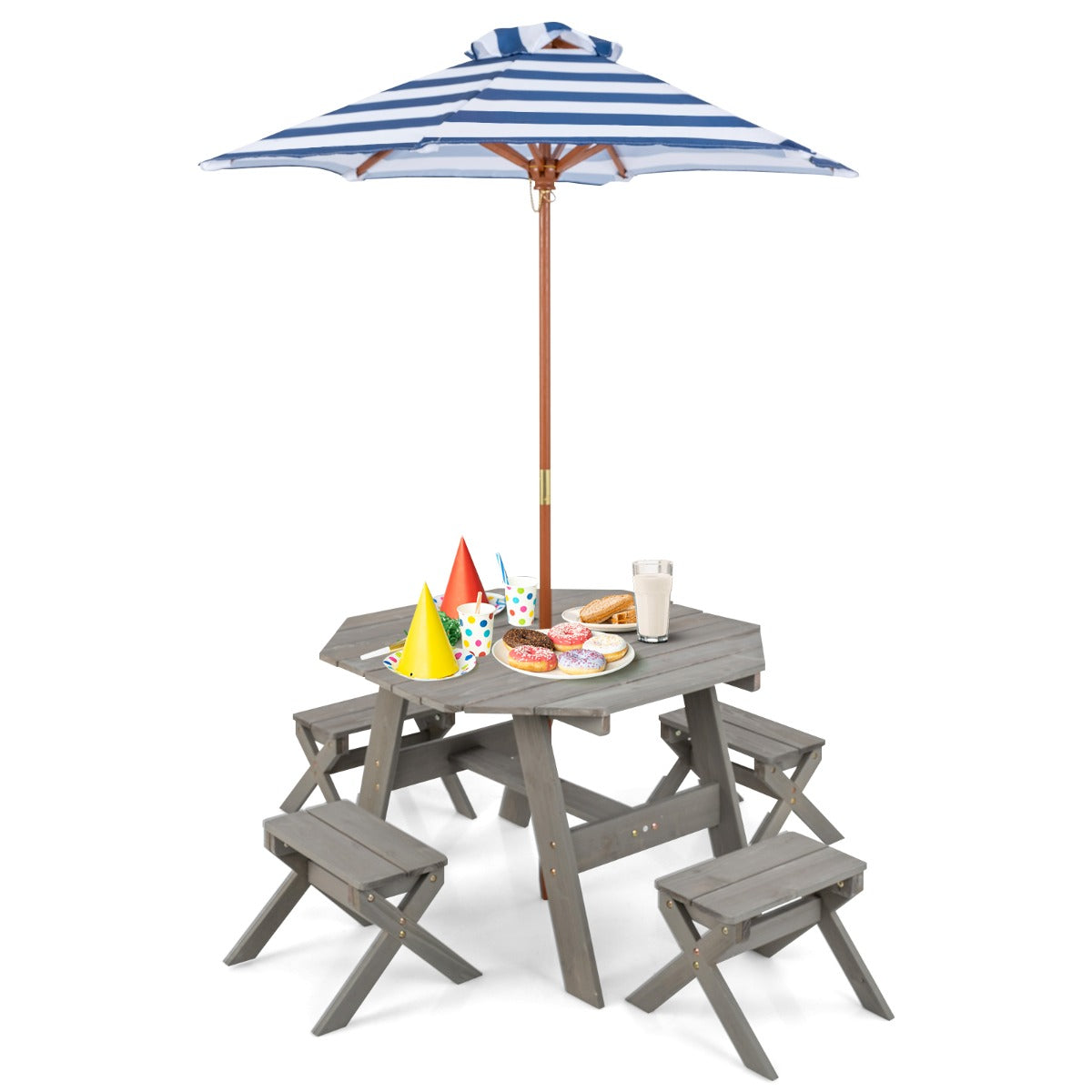 Costway Kids Picnic Table with 4 Chairs and Adjustable Umbrella for Patio Garden Backyard-Grey