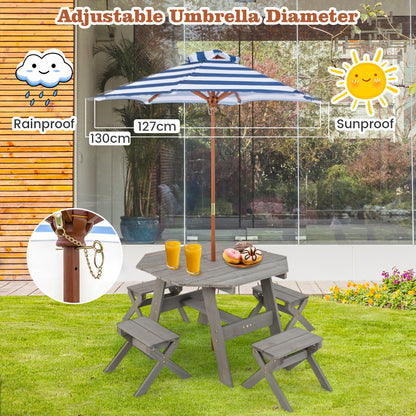Costway Kids Picnic Table with 4 Chairs and Adjustable Umbrella for Patio Garden Backyard-Grey