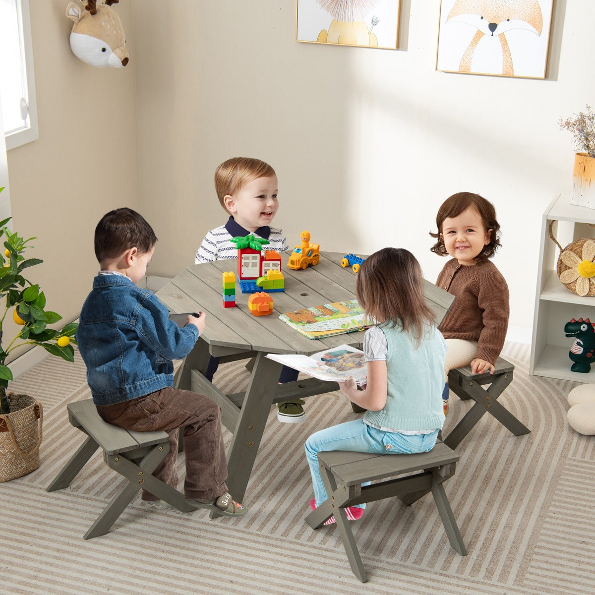 Costway Kids Picnic Table with 4 Chairs and Adjustable Umbrella for Patio Garden Backyard-Grey