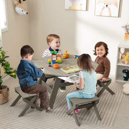Costway Kids Picnic Table with 4 Chairs and Adjustable Umbrella for Patio Garden Backyard-Grey